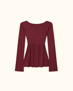 Ruched Long Sleeve Top – Square Neck Peplum Blouse
