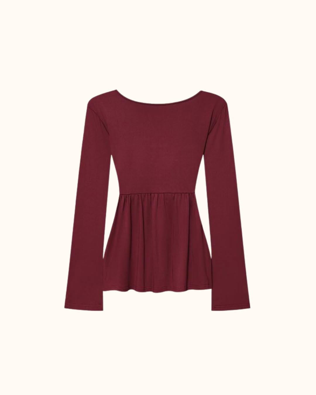 Ruched Long Sleeve Top – Square Neck Peplum Blouse