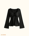 Ruched Long Sleeve Top – Square Neck Peplum Blouse