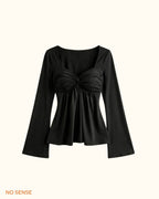 Ruched Long Sleeve Top – Square Neck Peplum Blouse
