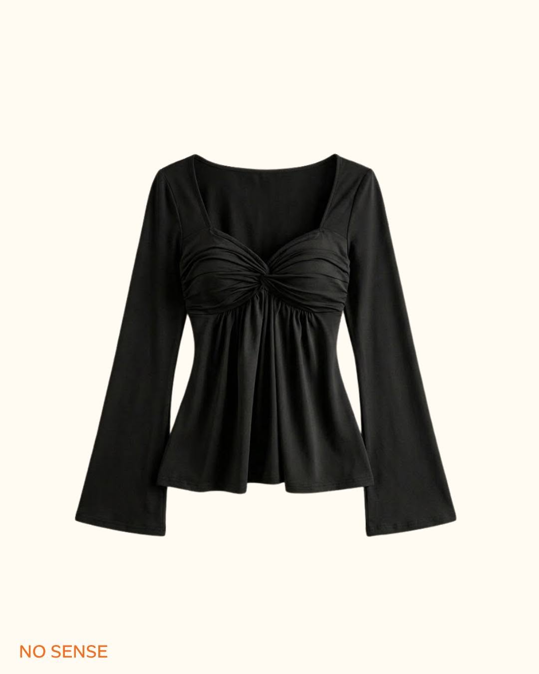 Ruched Long Sleeve Top – Square Neck Peplum Blouse
