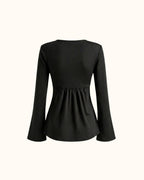 Ruched Long Sleeve Top – Square Neck Peplum Blouse