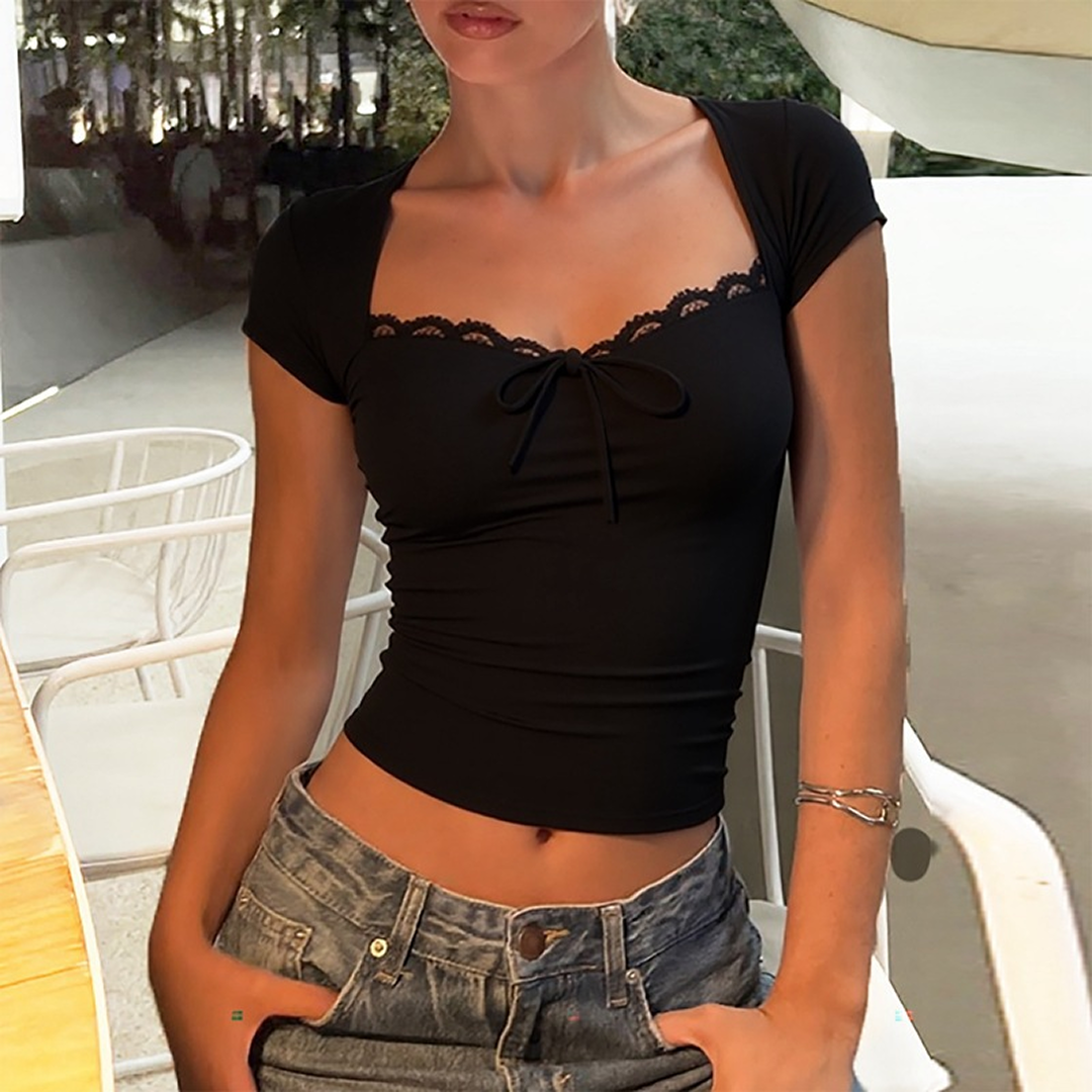 Black lace trim square neck crop top for women
