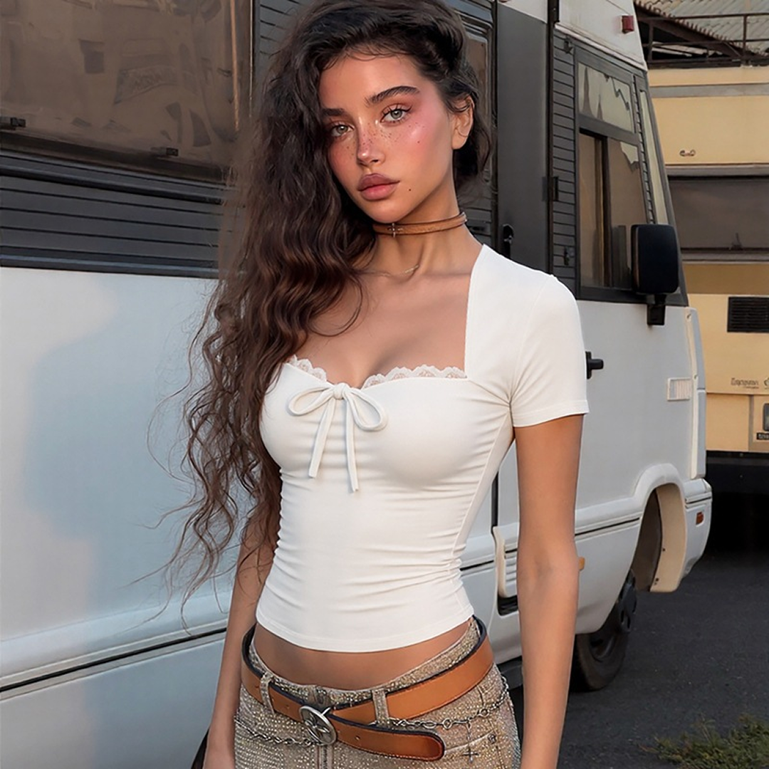 White fitted crop top with front bow detail
