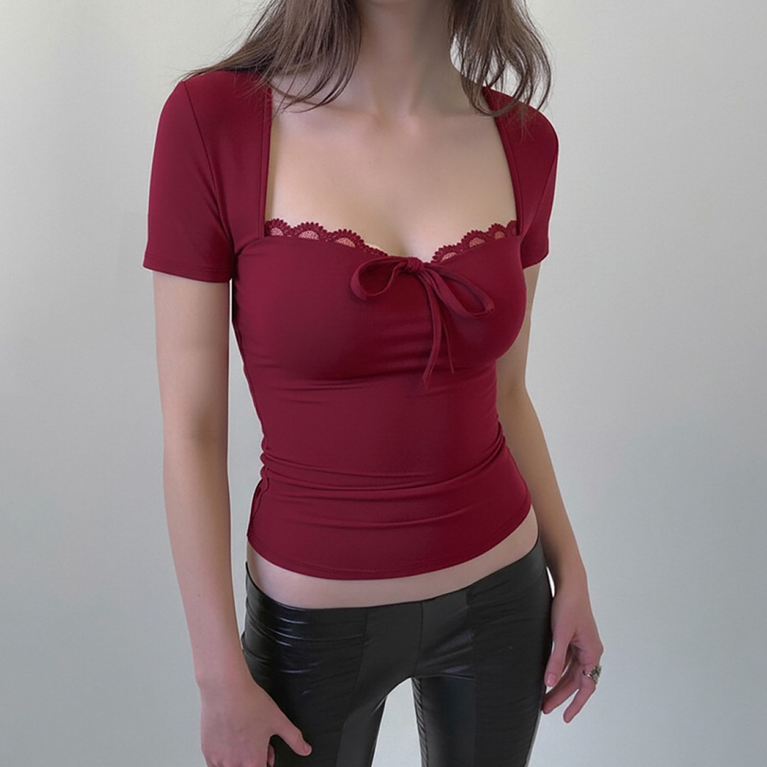 Burgundy short sleeve crop top with lace neckline