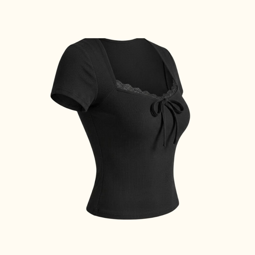 Lace Trim Square Neck Crop Top – Fitted Short Sleeve Top for Women