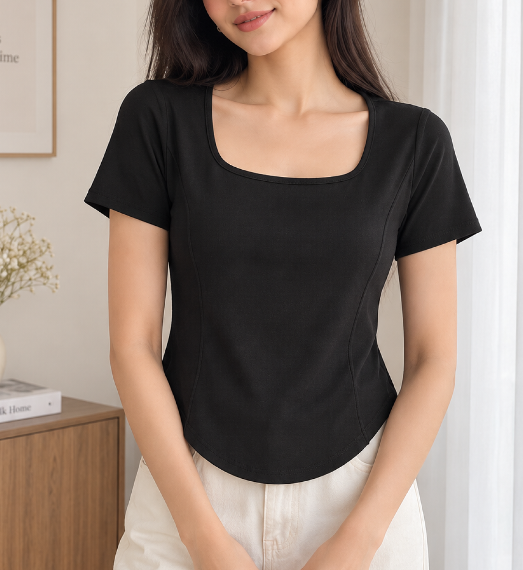 Fitted Square Neck T-Shirt for Women – Short Sleeve Crop Top