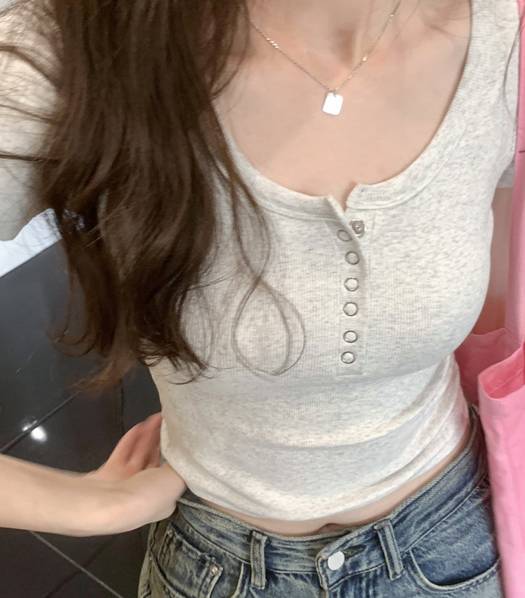 Light grey ribbed crop top with button detail